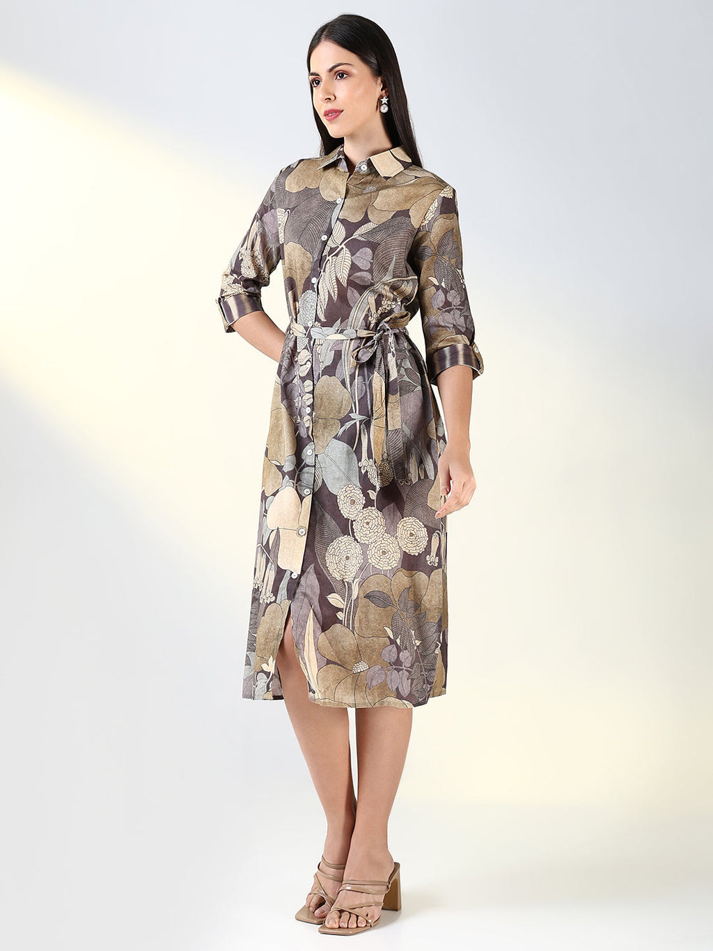 Women's Grey Floral A Line Dress with Belt