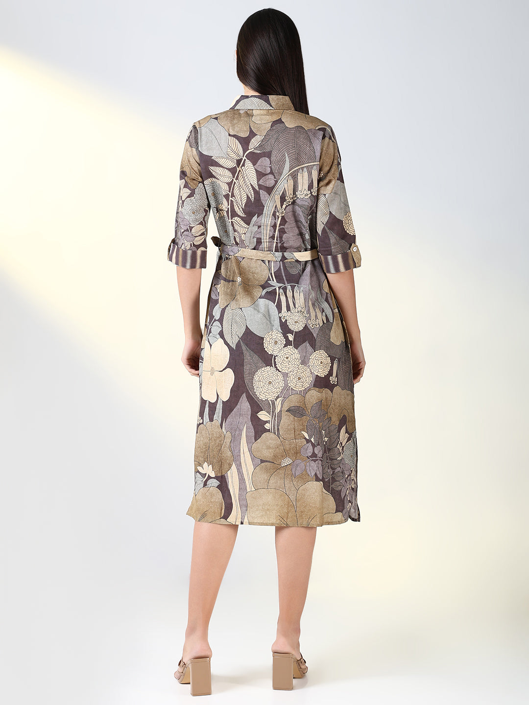 Women's Grey Floral A Line Dress with Belt