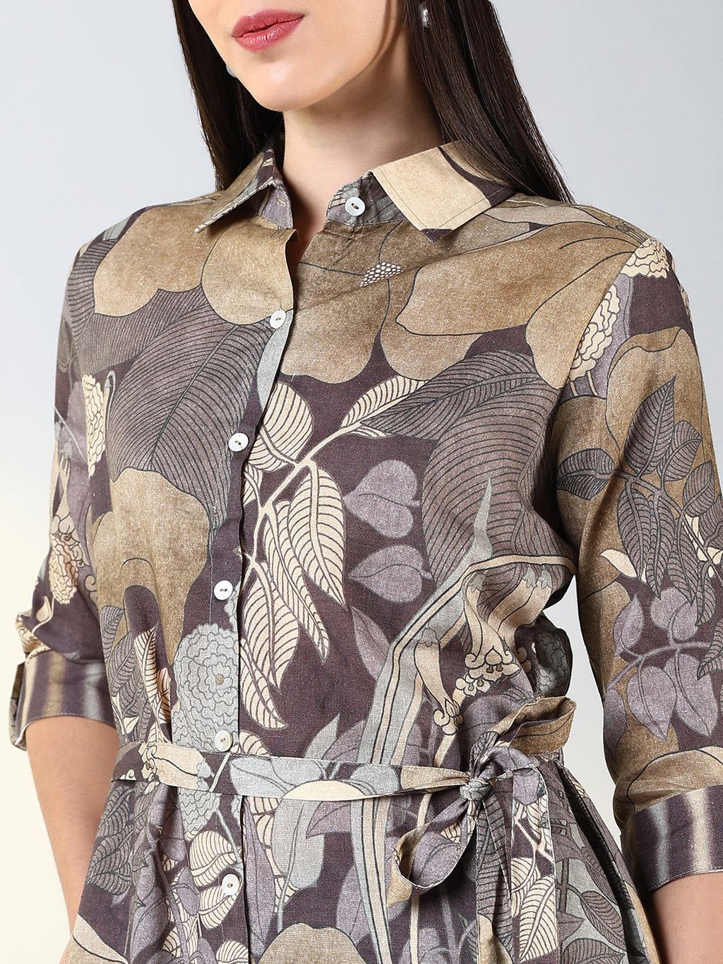 Women's Grey Floral A Line Dress with Belt