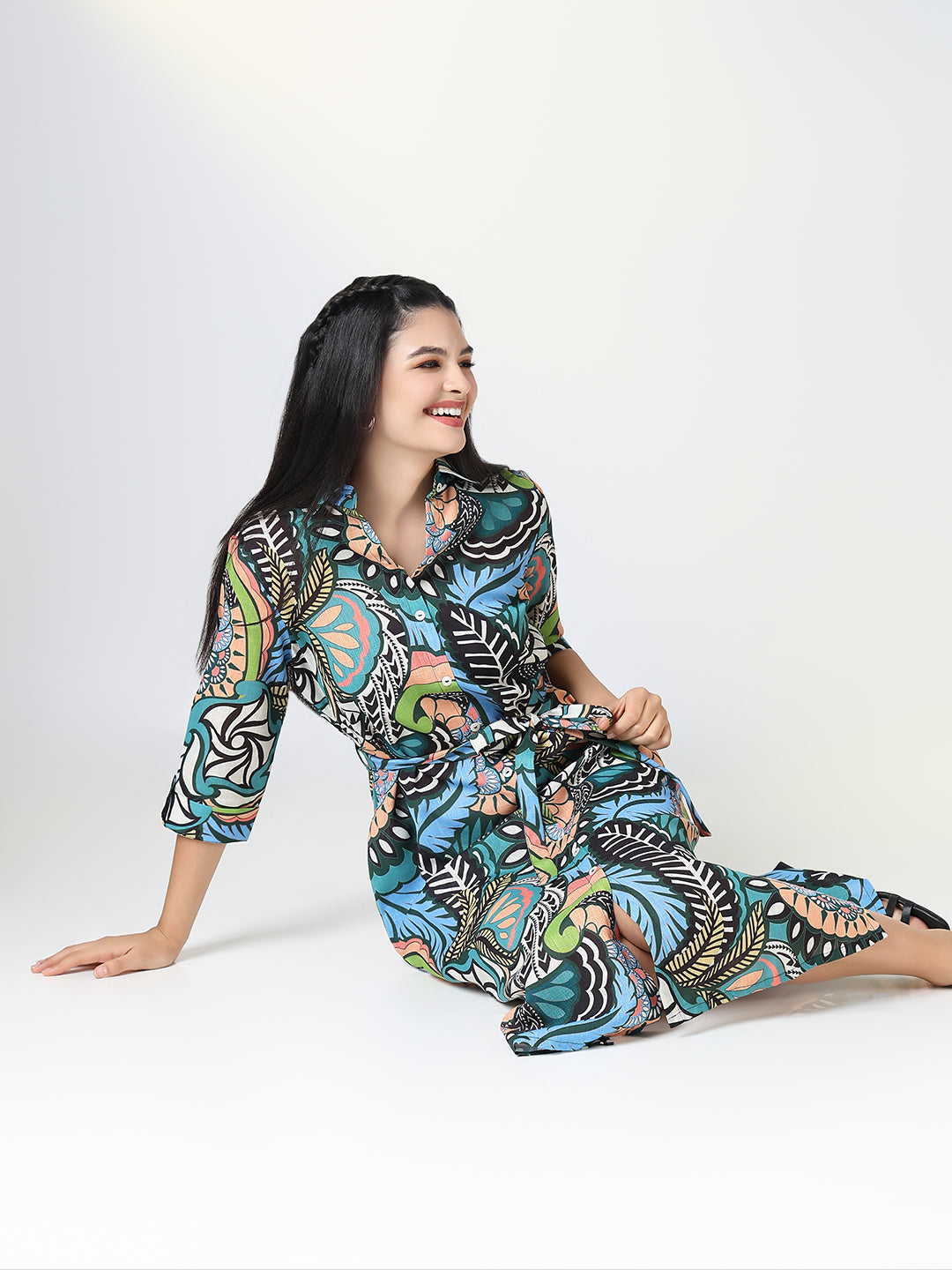Women's Green Nature Motif Shirt Dress with Belt