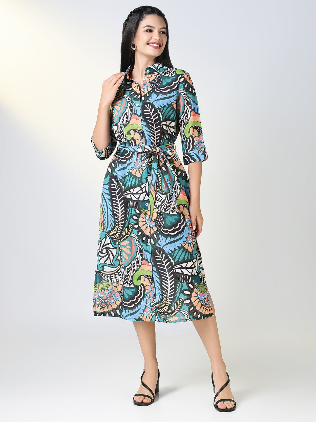 Women's Green Nature Motif Shirt Dress with Belt