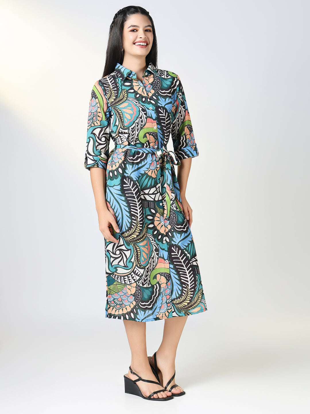 Women's Green Nature Motif Shirt Dress with Belt