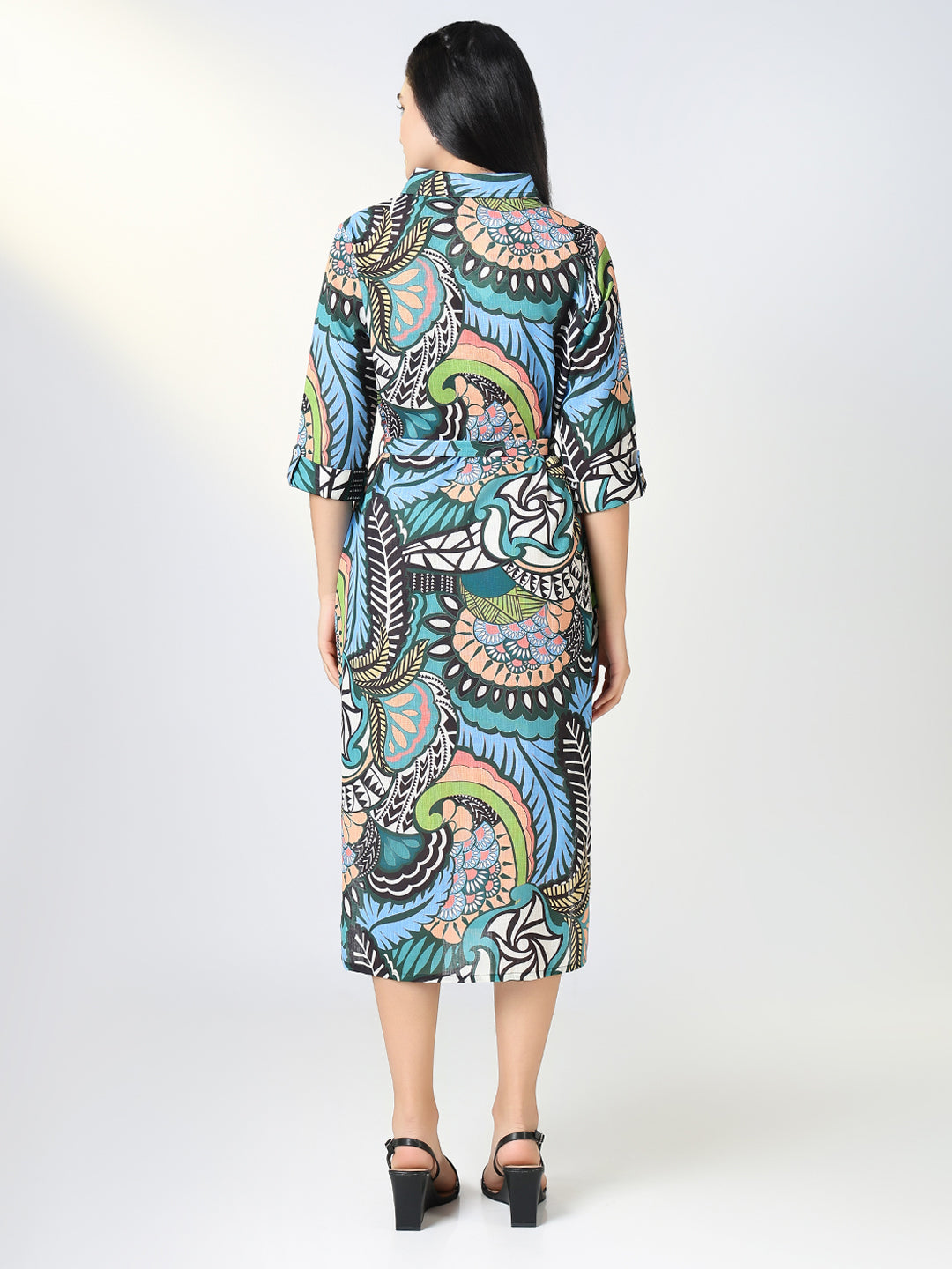 Women's Green Nature Motif Shirt Dress with Belt
