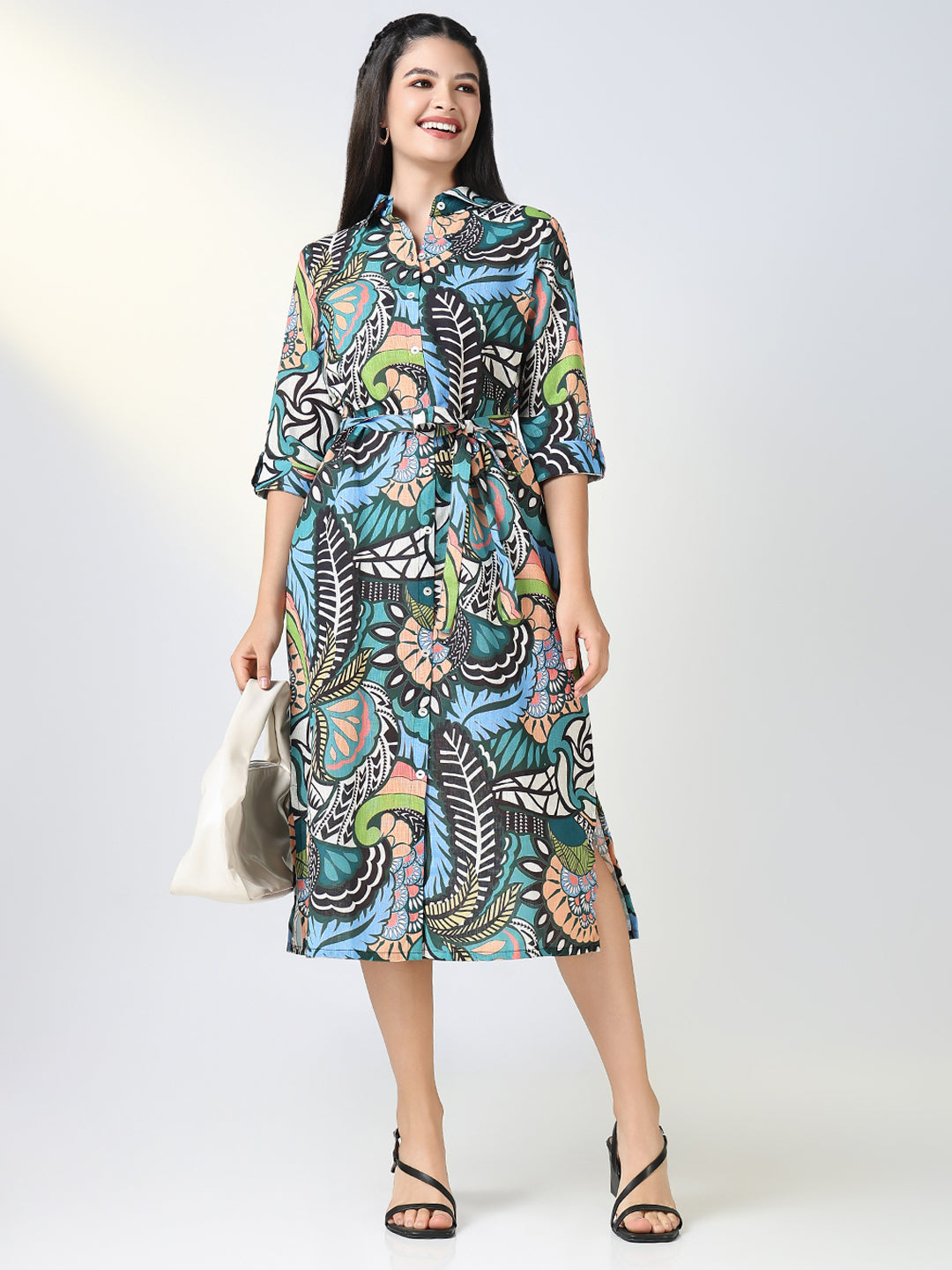 Women's Green Nature Motif Shirt Dress with Belt