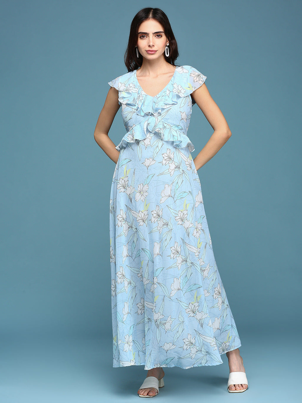 Women's Blue Floral Chiffon A-Line Dress