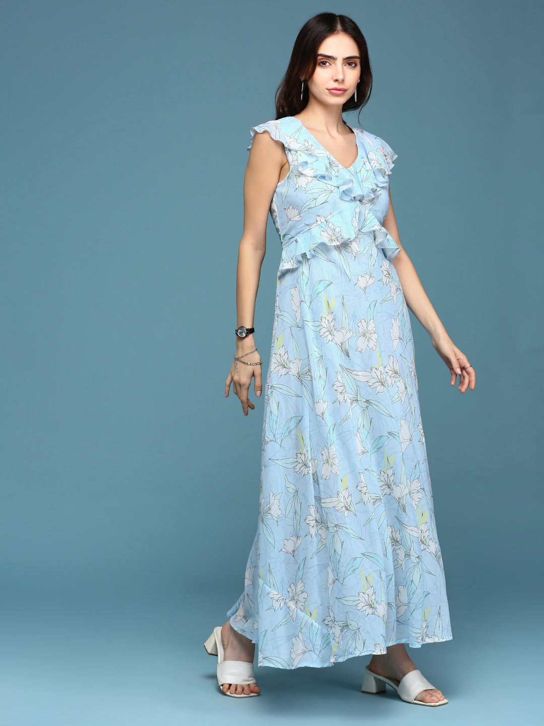 Women's Blue Floral Chiffon A-Line Dress
