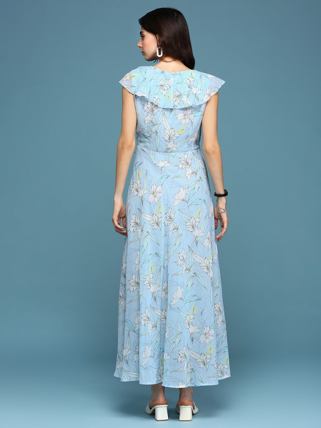 Women's Blue Floral Chiffon A-Line Dress