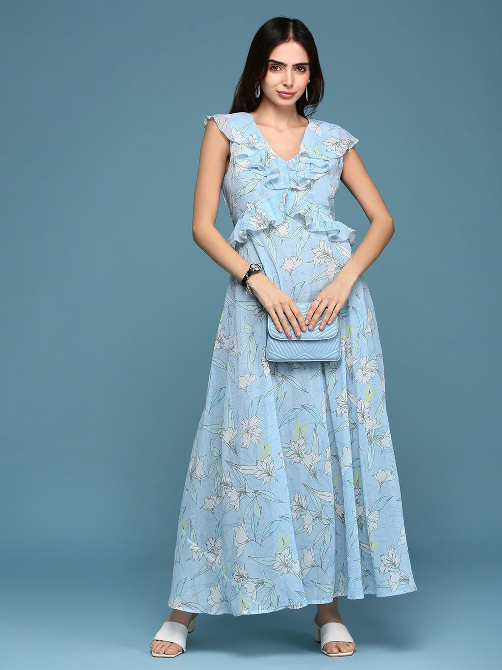 Women's Blue Floral Chiffon A-Line Dress