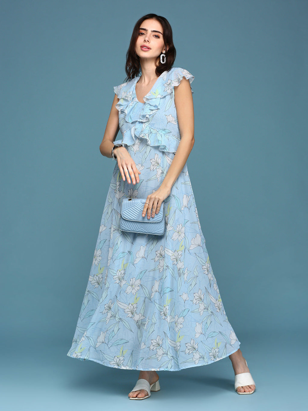 Women's Blue Floral Chiffon A-Line Dress
