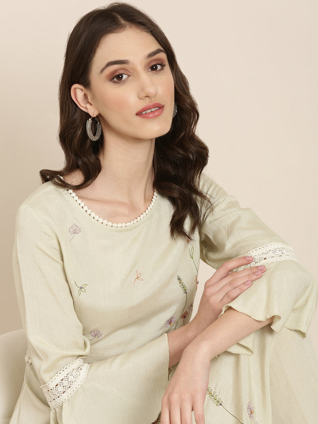 Women's Green Floral Embroidered Bell Sleeve Lace A-Line Kurta