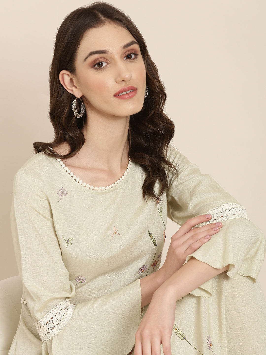 Women's Green Floral Embroidered Bell Sleeve Lace A-Line Kurta