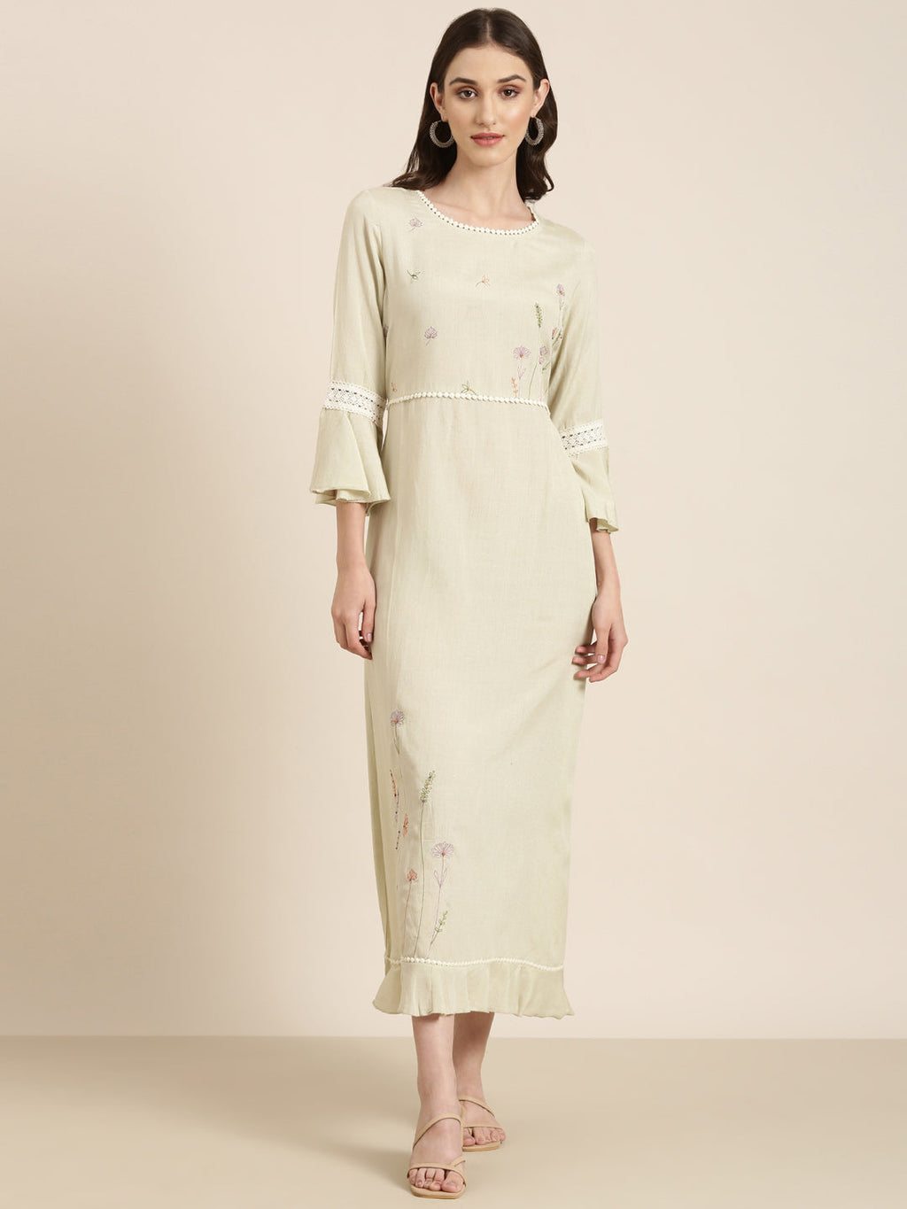 Women's Green Floral Embroidered Bell Sleeve Lace A-Line Kurta