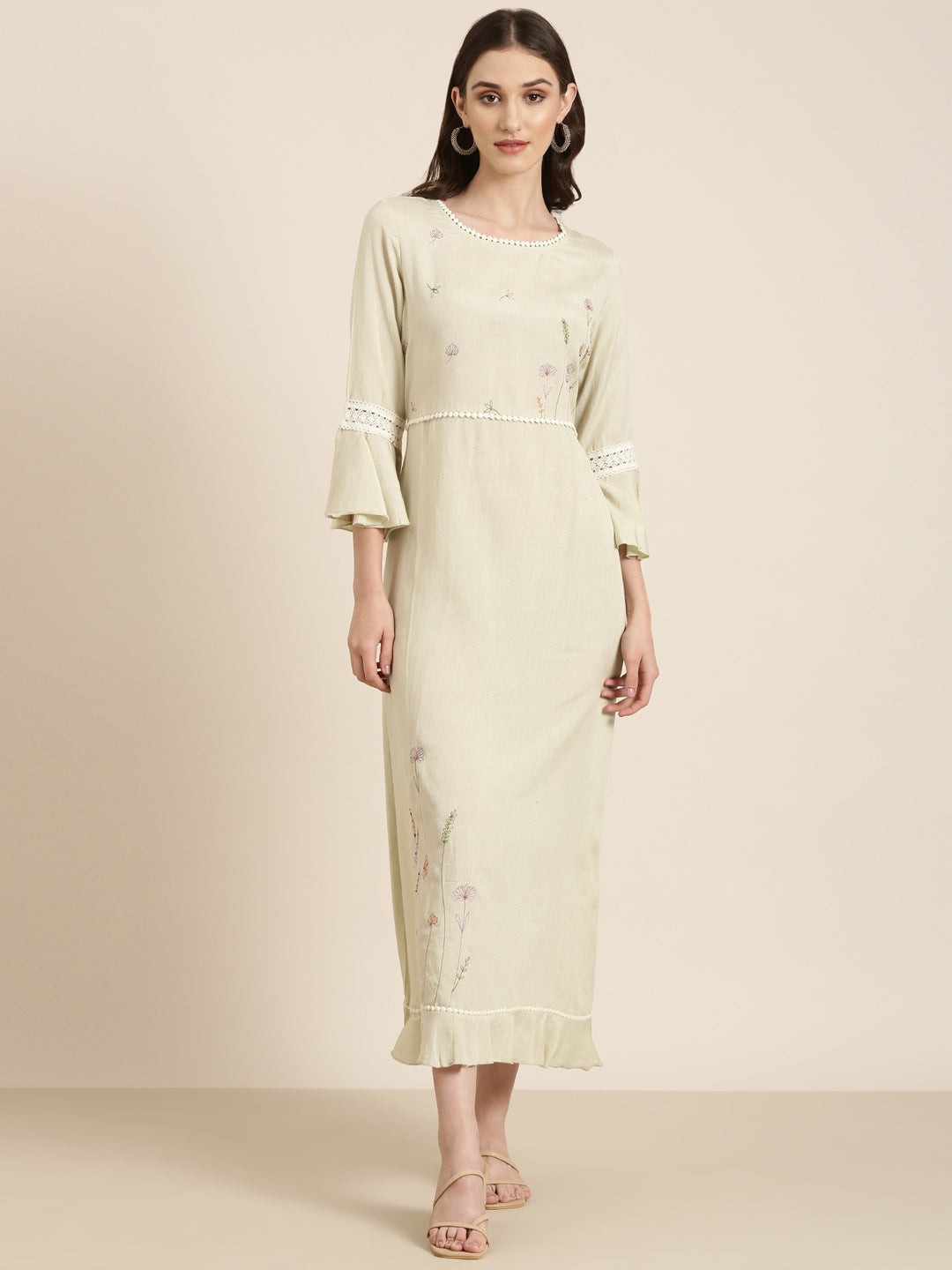 Women's Green Floral Embroidered Bell Sleeve Lace A-Line Kurta