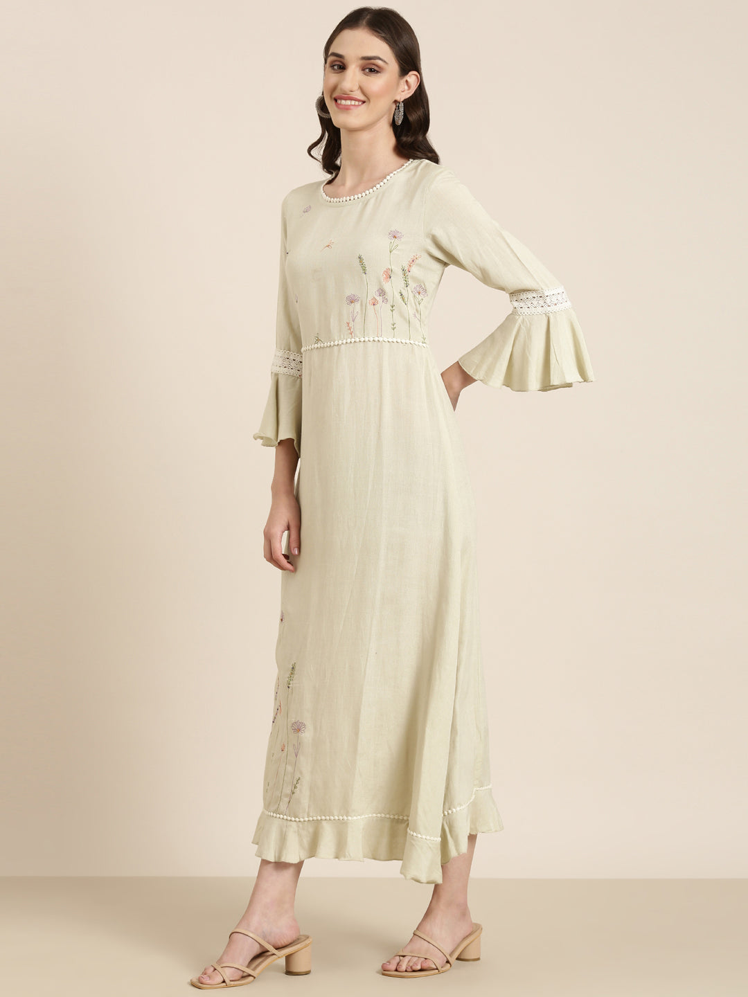 Women's Green Floral Embroidered Bell Sleeve Lace A-Line Kurta