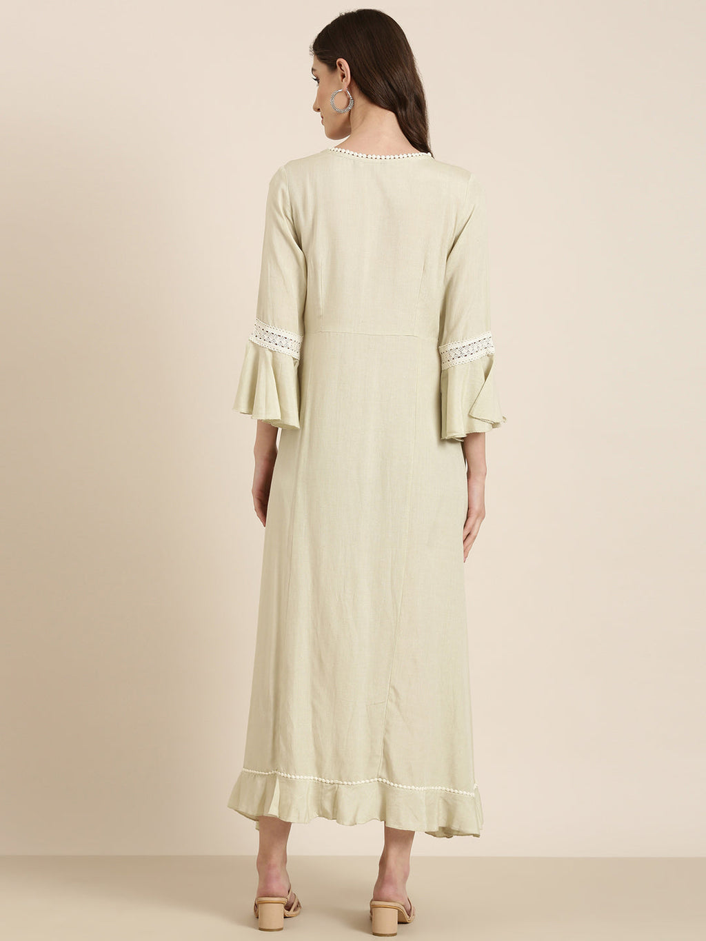 Women's Green Floral Embroidered Bell Sleeve Lace A-Line Kurta