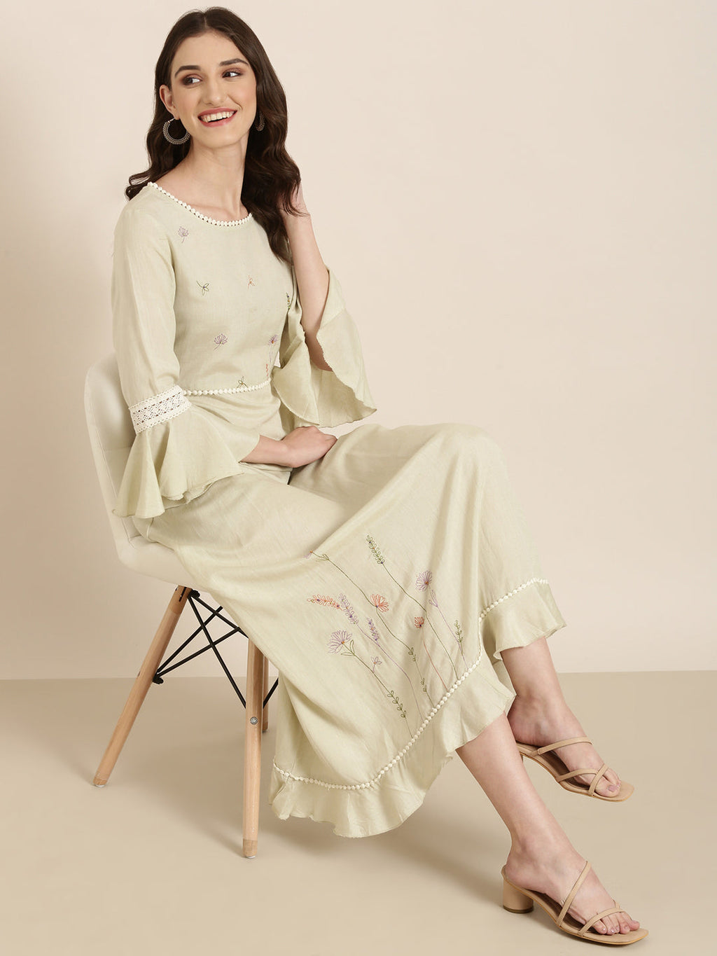 Women's Green Floral Embroidered Bell Sleeve Lace A-Line Kurta