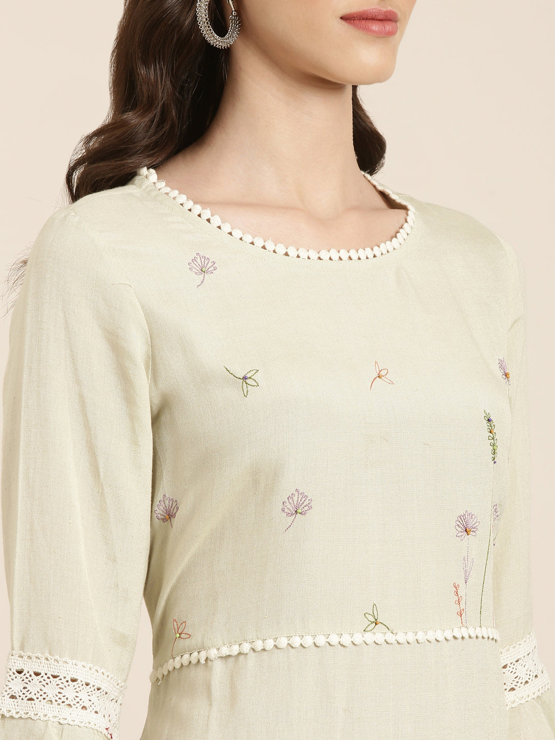 Women's Green Floral Embroidered Bell Sleeve Lace A-Line Kurta