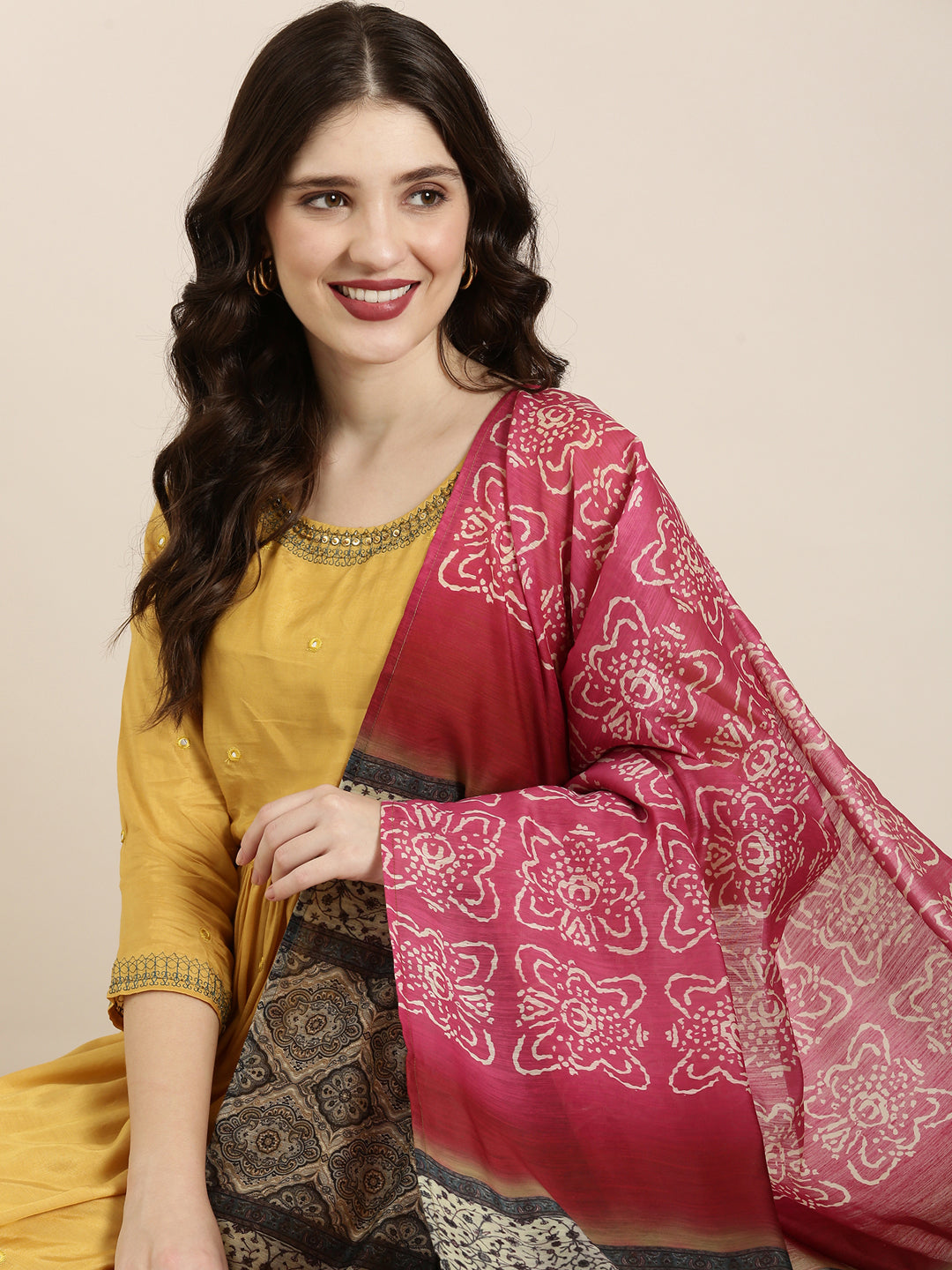 Women's Mustard Embellished Mirror Work Sequinned Anarkali Kurta with Dupatta