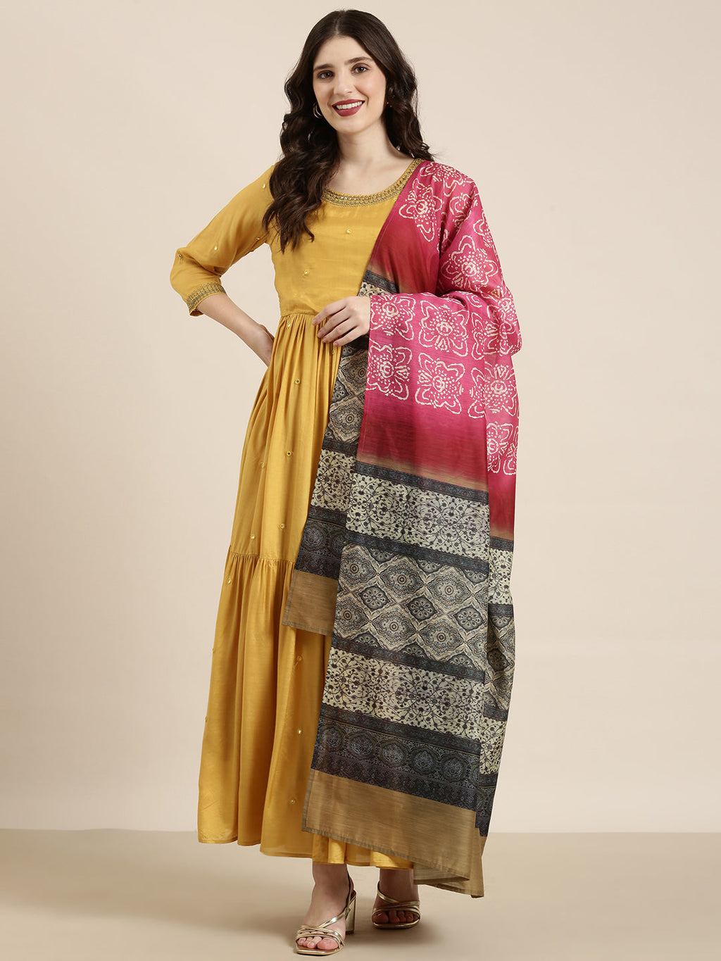 Women's Mustard Embellished Mirror Work Sequinned Anarkali Kurta with Dupatta
