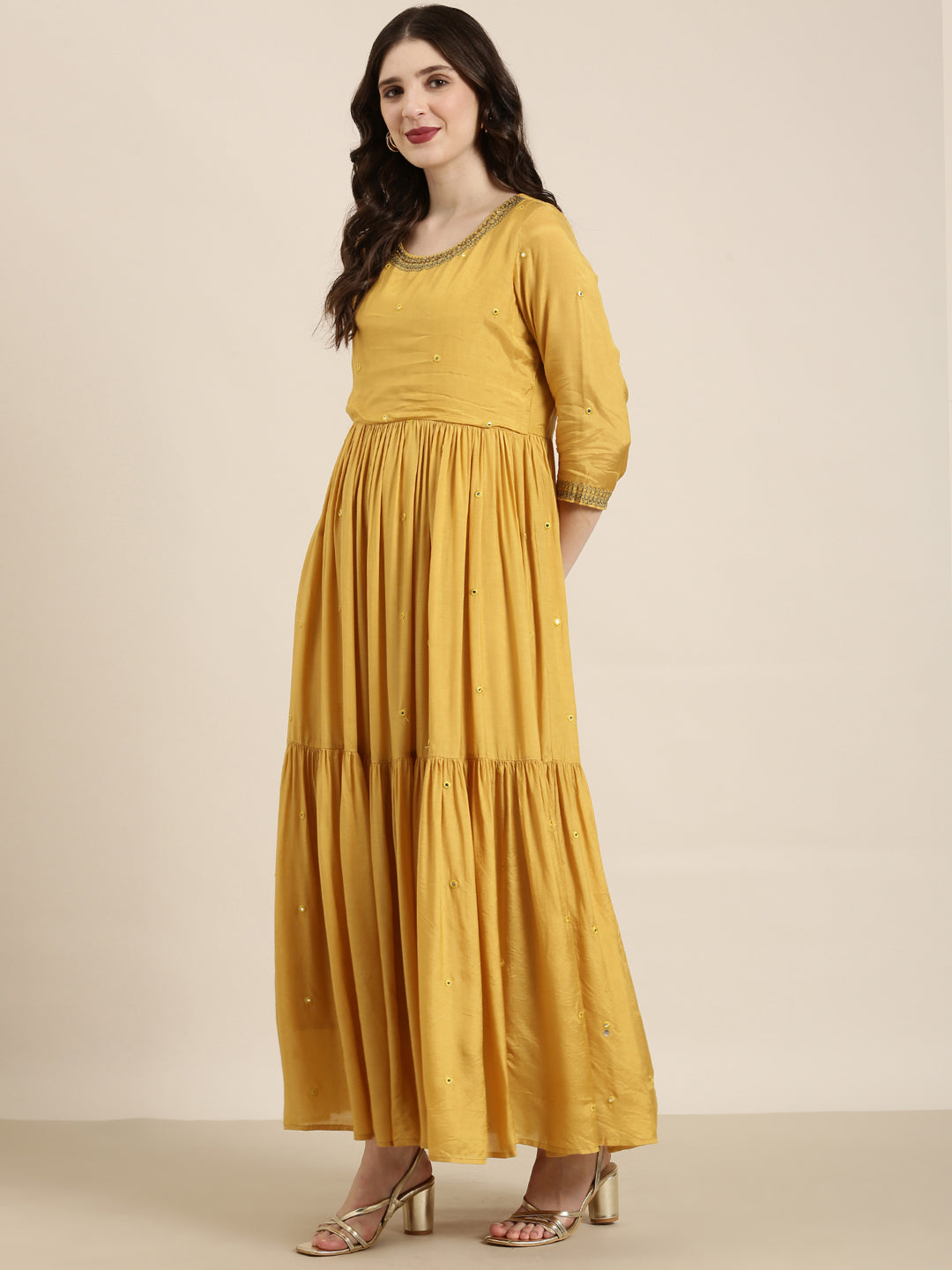 Women's Mustard Embellished Mirror Work Sequinned Anarkali Kurta with Dupatta