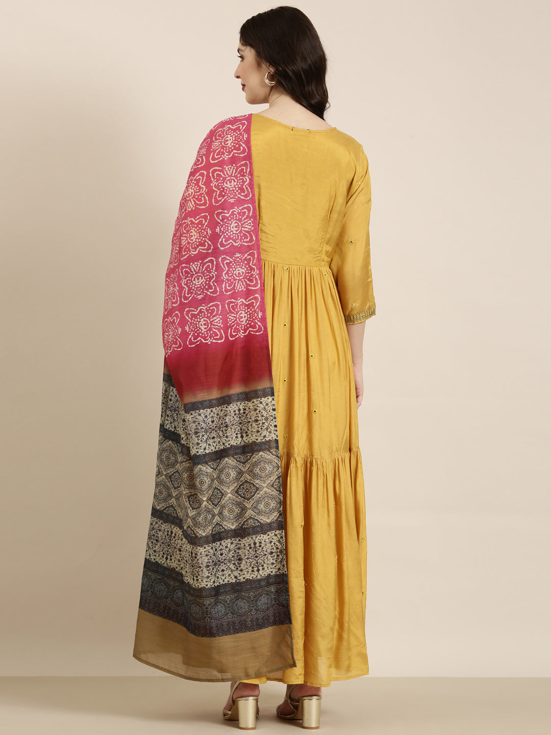Women's Mustard Embellished Mirror Work Sequinned Anarkali Kurta with Dupatta