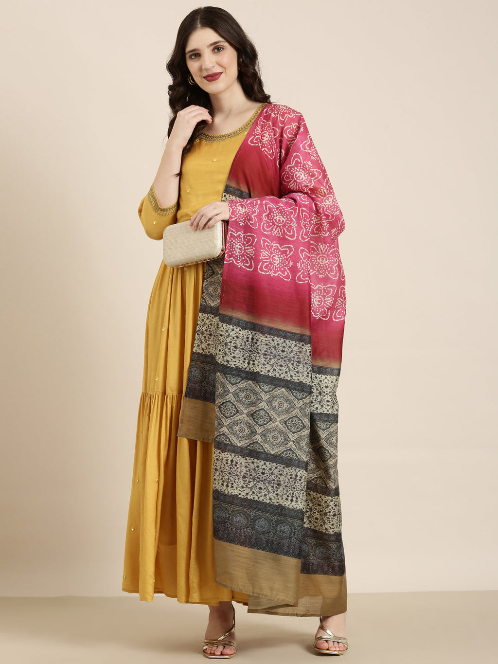Women's Mustard Embellished Mirror Work Sequinned Anarkali Kurta with Dupatta