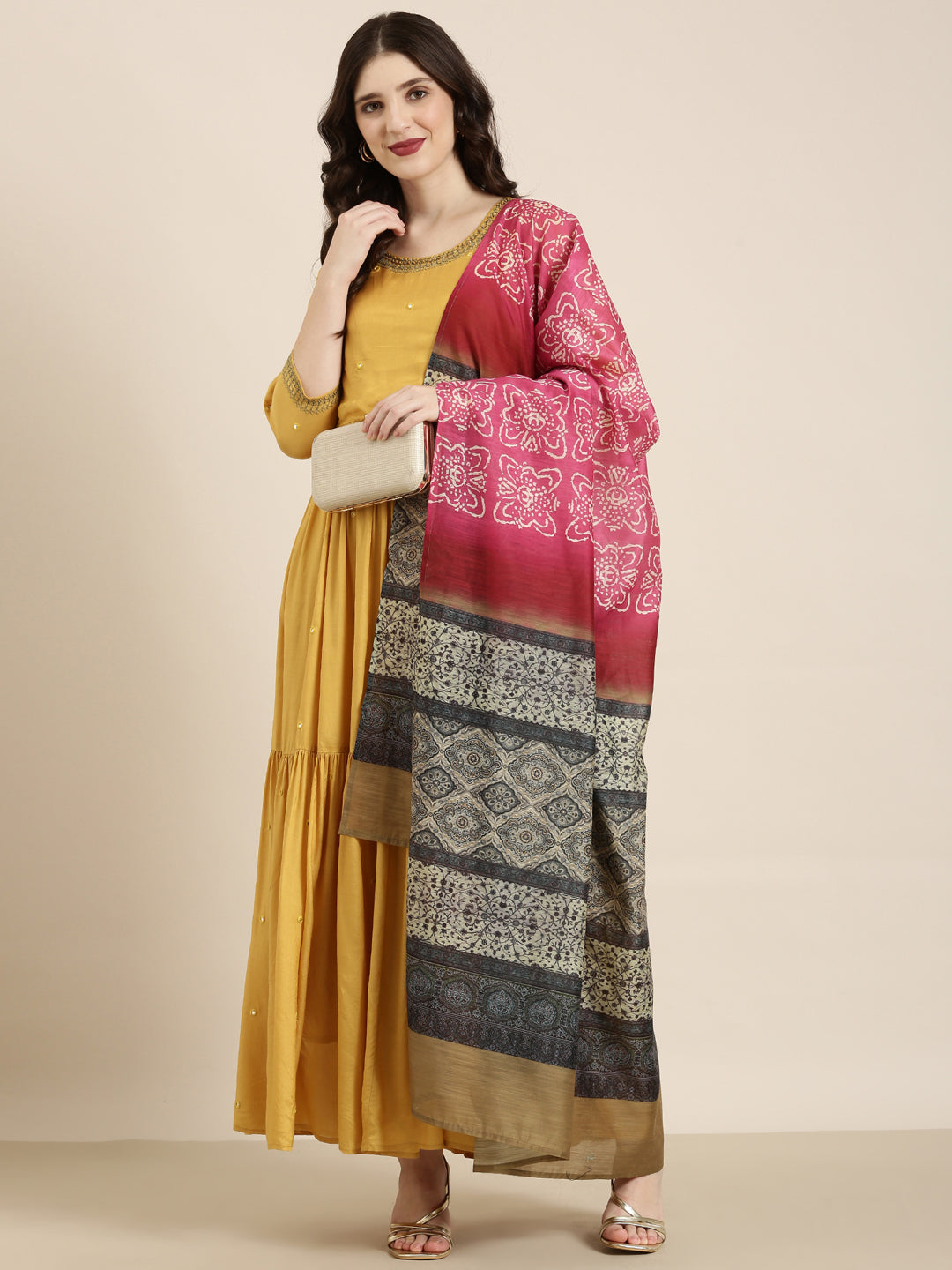 Women's Mustard Embellished Mirror Work Sequinned Anarkali Kurta with Dupatta