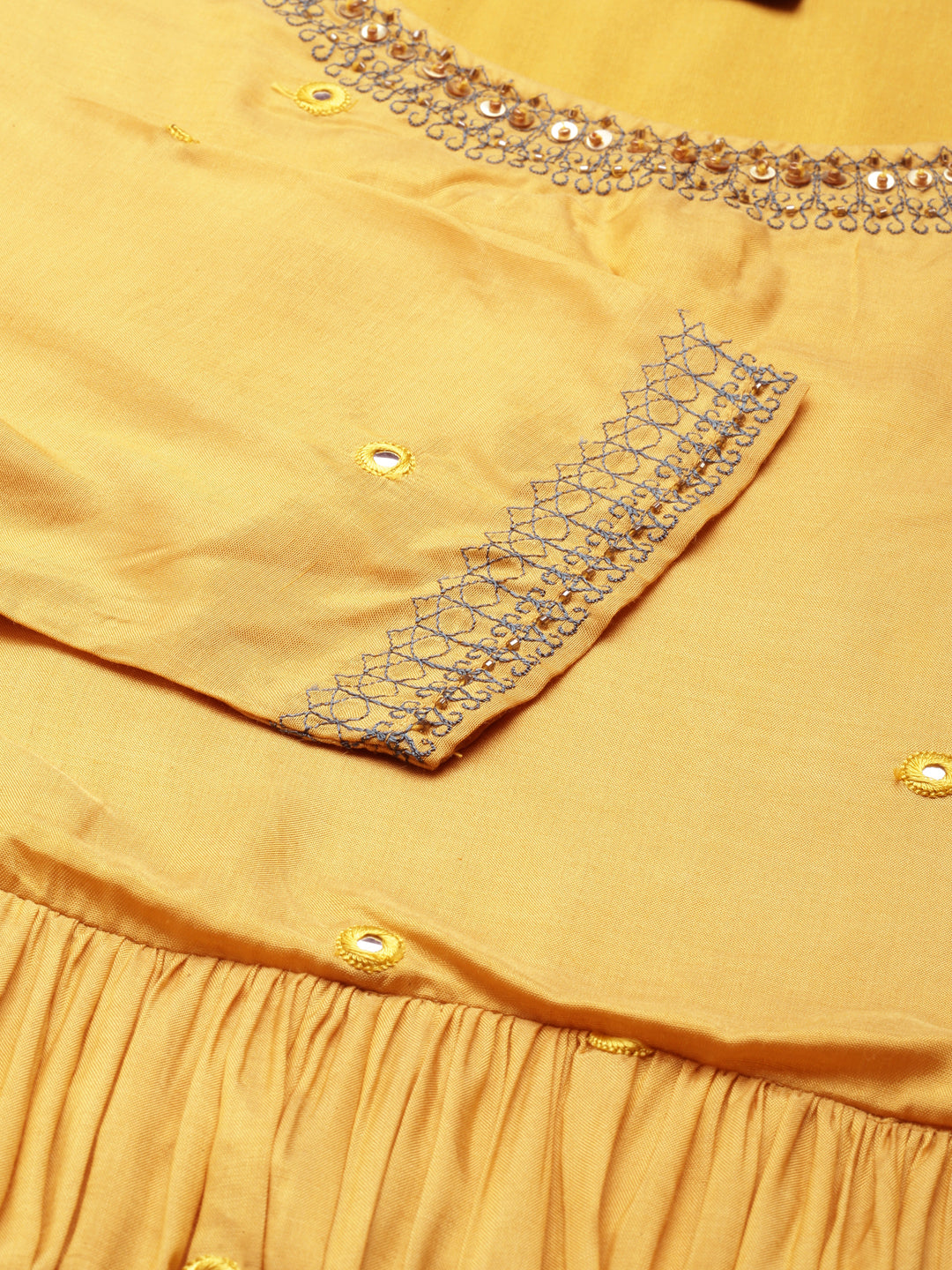 Women's Mustard Embellished Mirror Work Sequinned Anarkali Kurta with Dupatta