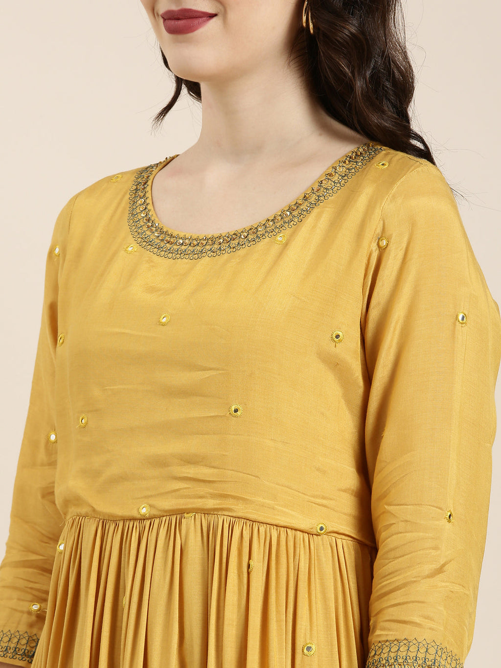 Women's Mustard Embellished Mirror Work Sequinned Anarkali Kurta with Dupatta