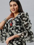Women's V-Neck Floral Black A-Line Kurta