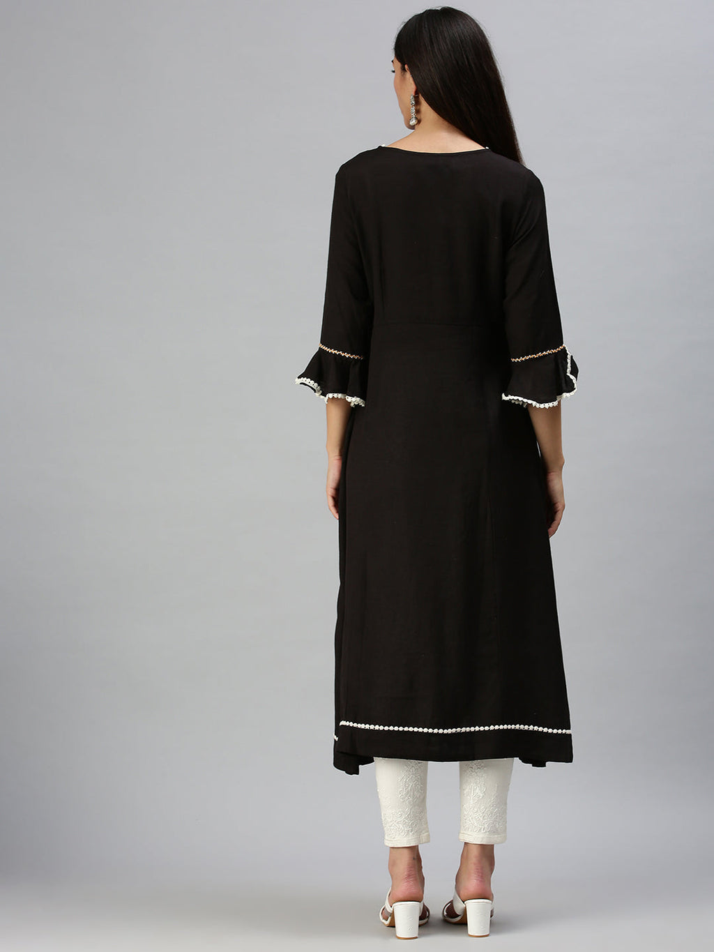 Women's Black Floral Embellished Flared Sleeves A-Line Kurta