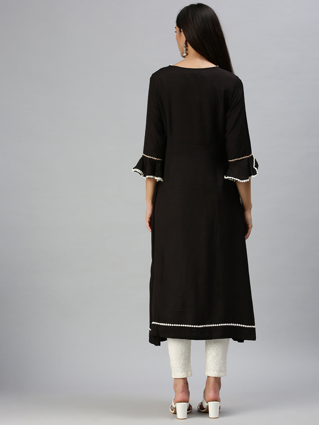 Women's Black Floral Embellished Flared Sleeves A-Line Kurta