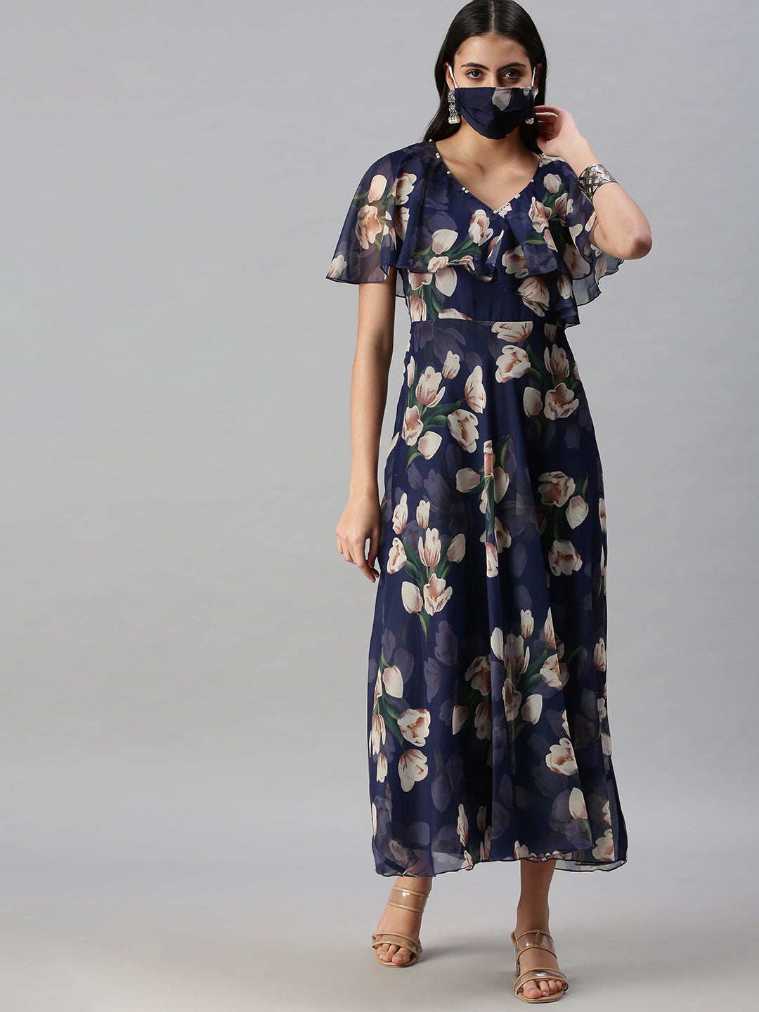 Women's Blue Floral Thread Work Anarkali Kurta