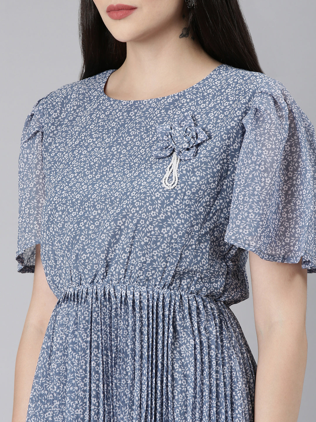 Women's Blue Floral Printed Puff Sleeves Accordion Pleated Georgette Fit & Flare Dress