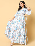 Women's Blue Floral Printed Bell Sleeve Cotton Fit & Flare Maxi Dress