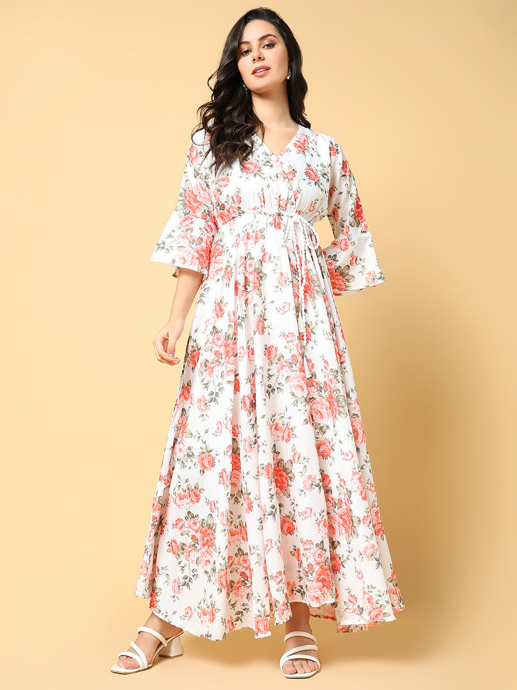 Women's Orange Floral Printed Bell Sleeves Fit and Flare Maxi Dress