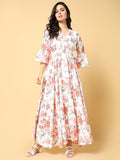 Women's Orange Floral Printed Bell Sleeves Fit and Flare Maxi Dress