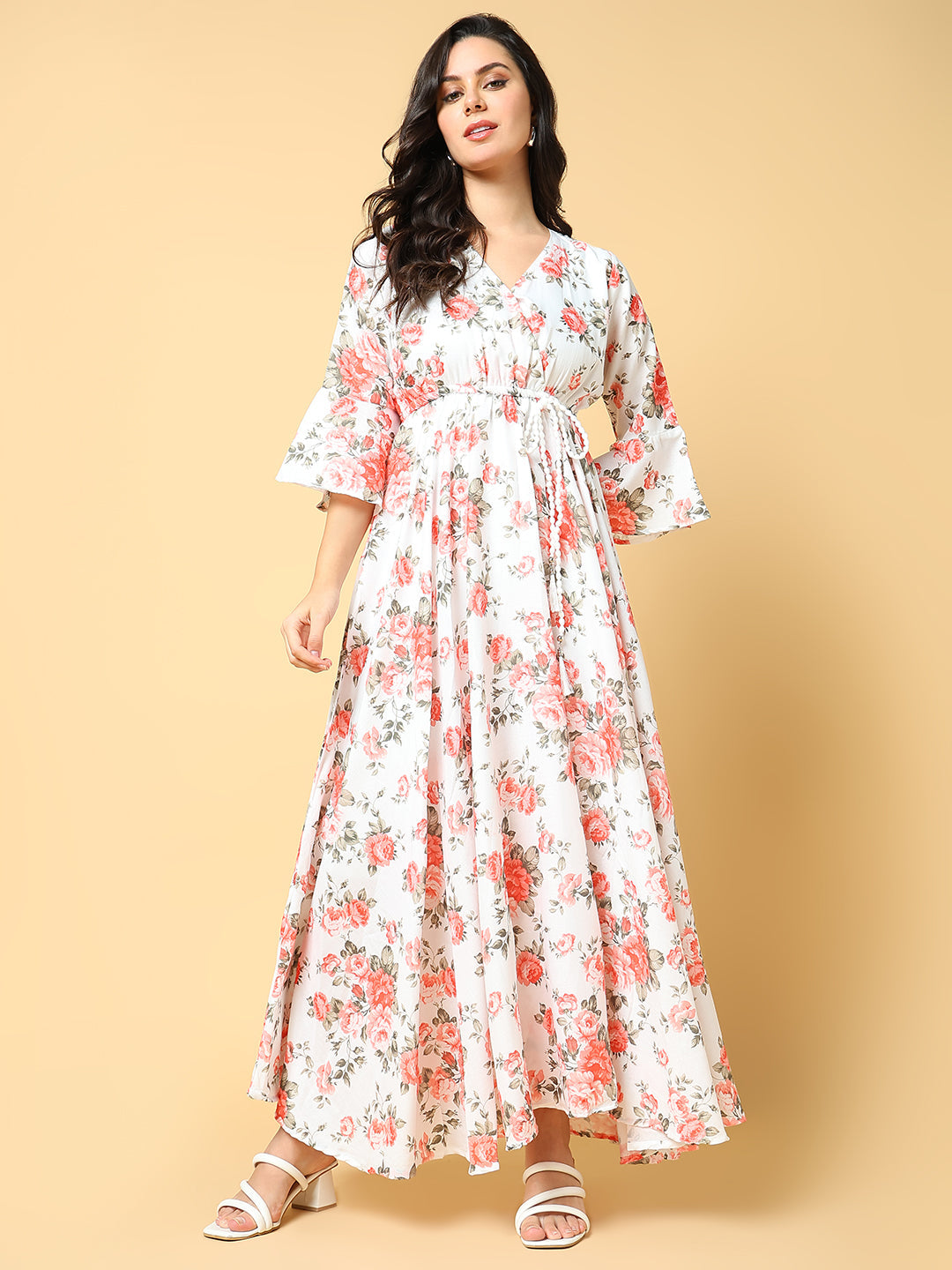 Women's Orange Floral Printed Bell Sleeves Fit and Flare Maxi Dress
