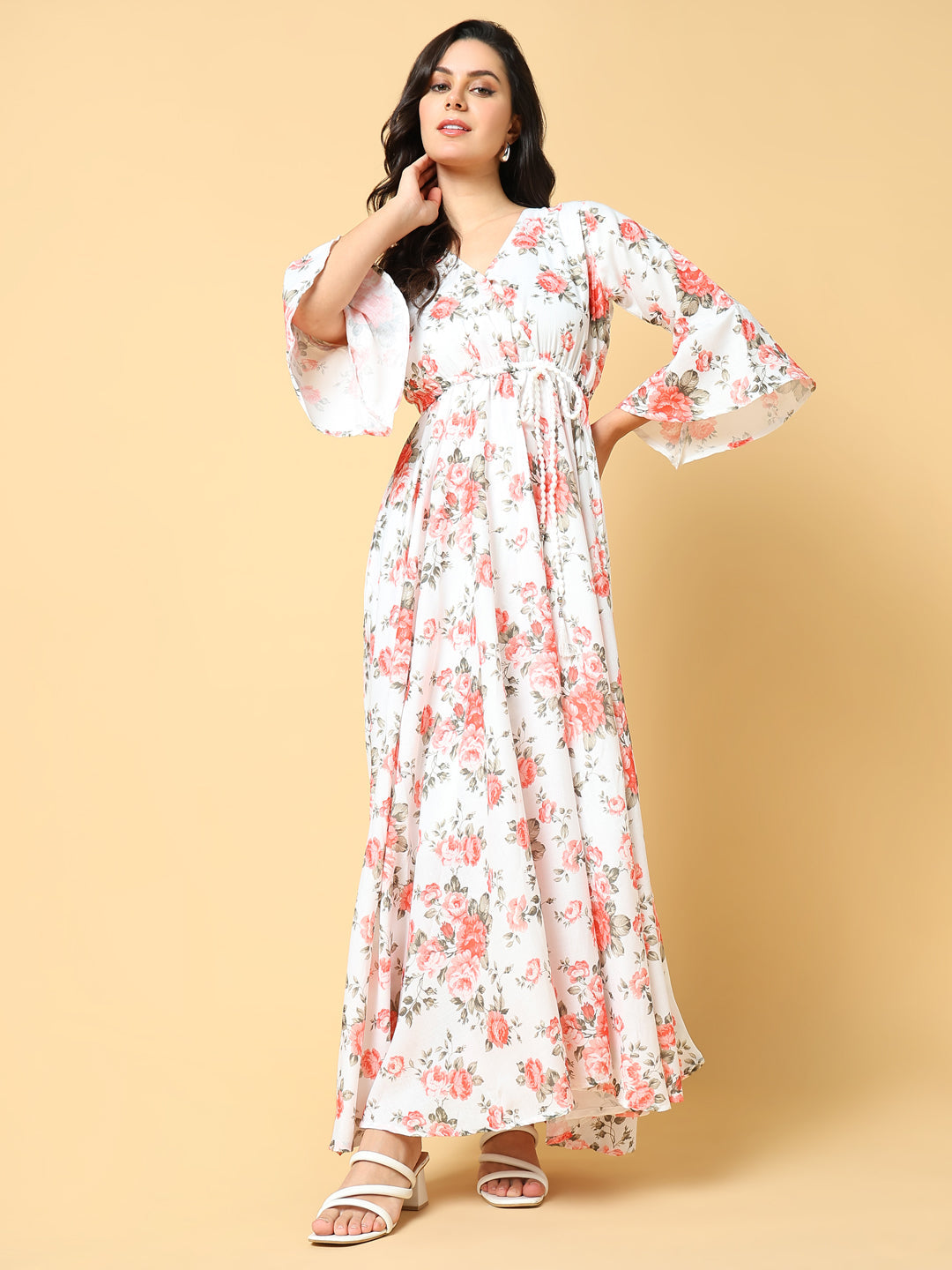 Women's Orange Floral Printed Bell Sleeves Fit and Flare Maxi Dress