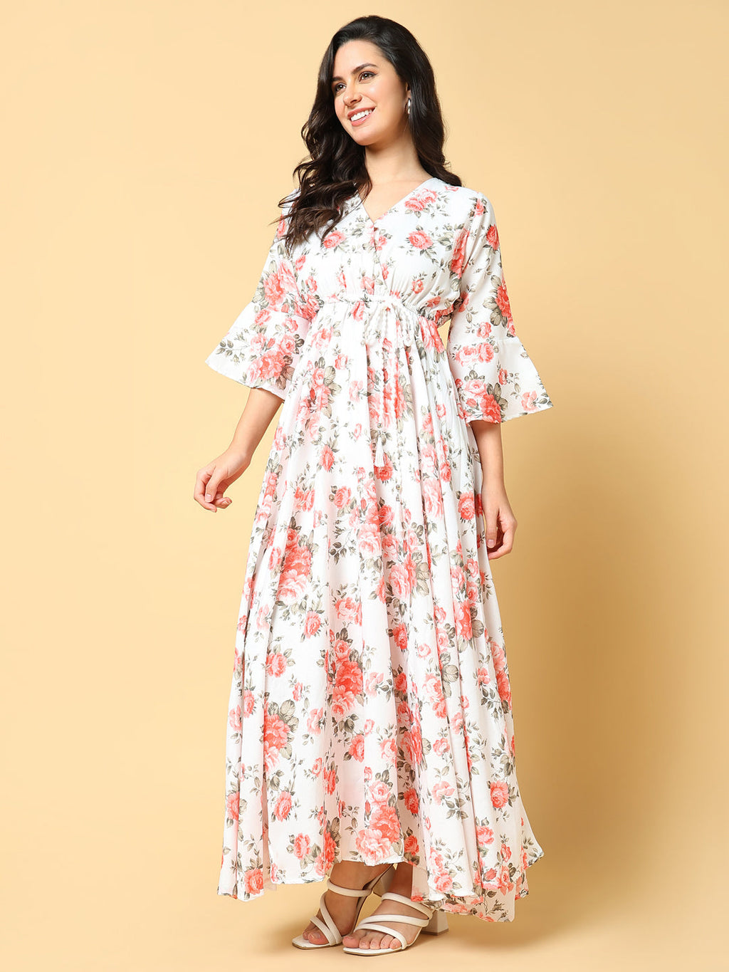 Women's Orange Floral Printed Bell Sleeves Fit and Flare Maxi Dress