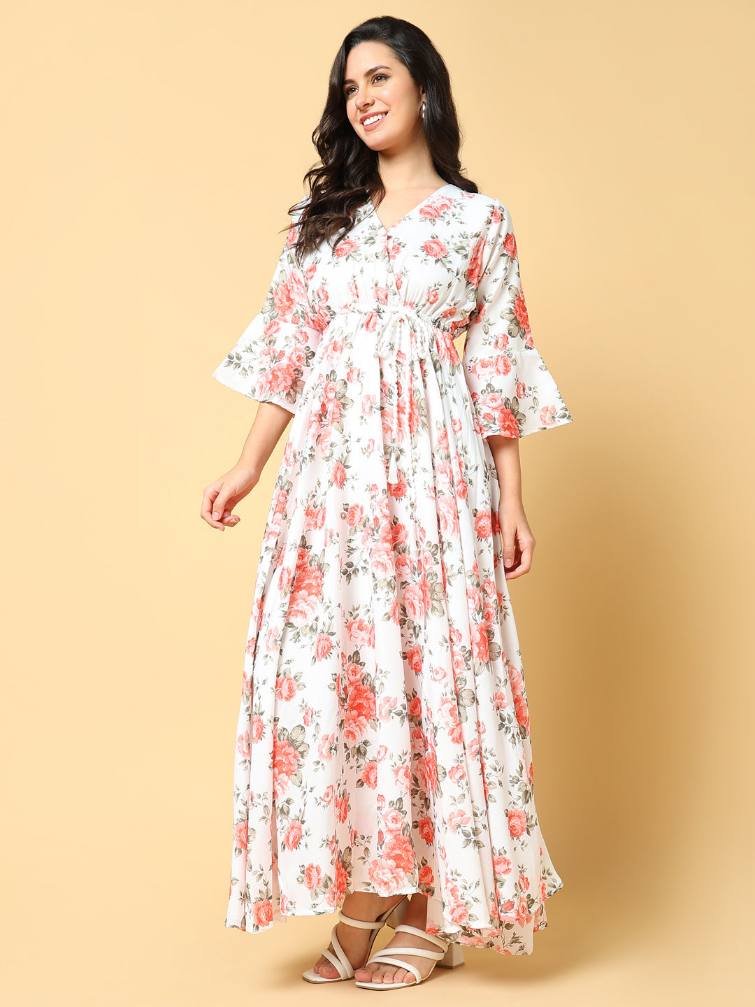 Women's Orange Floral Printed Bell Sleeves Fit and Flare Maxi Dress