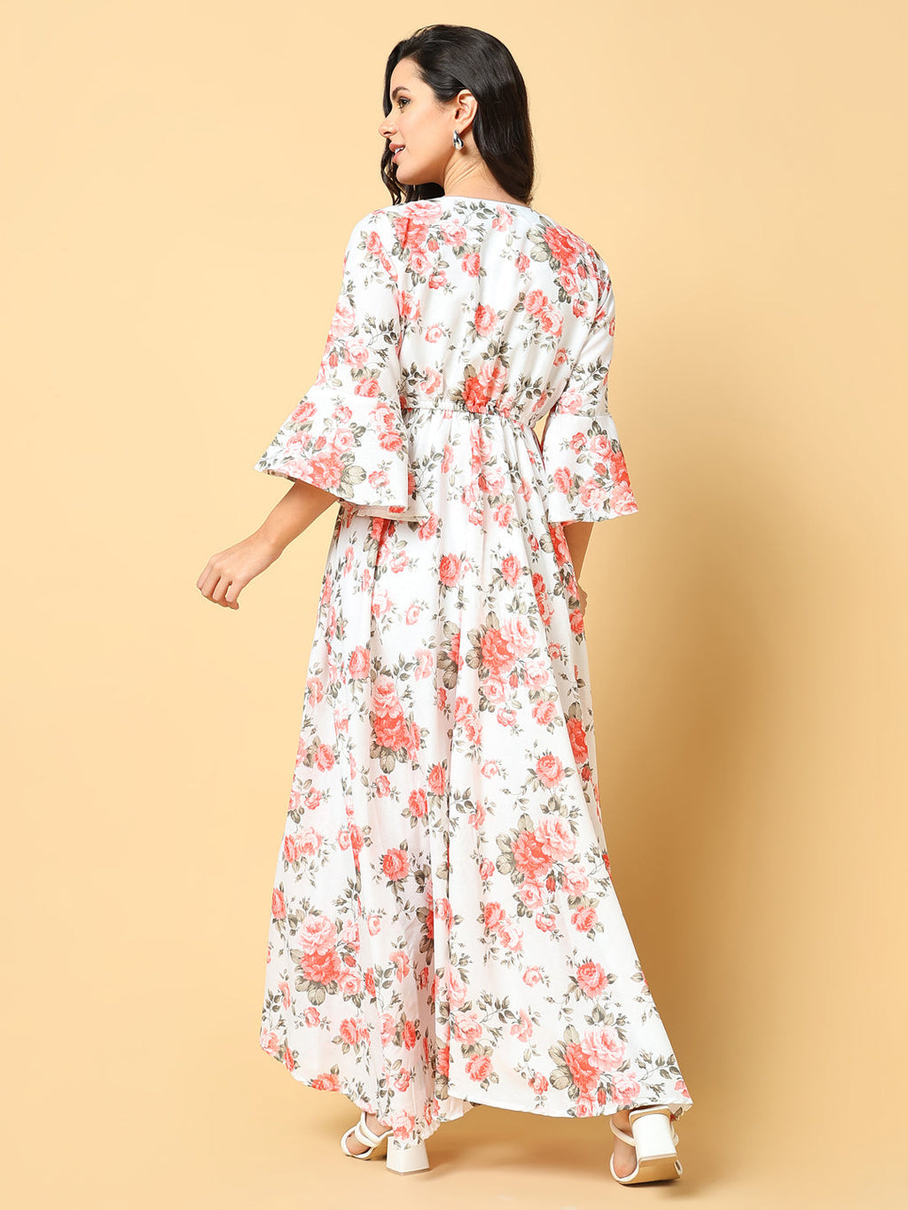 Women's Orange Floral Printed Bell Sleeves Fit and Flare Maxi Dress