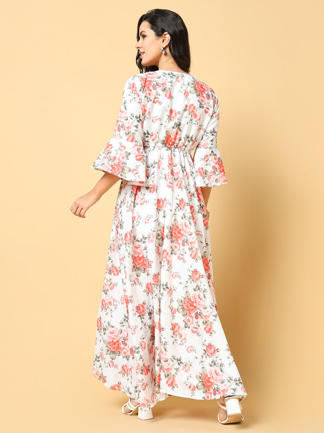 Women's Orange Floral Printed Bell Sleeves Fit and Flare Maxi Dress