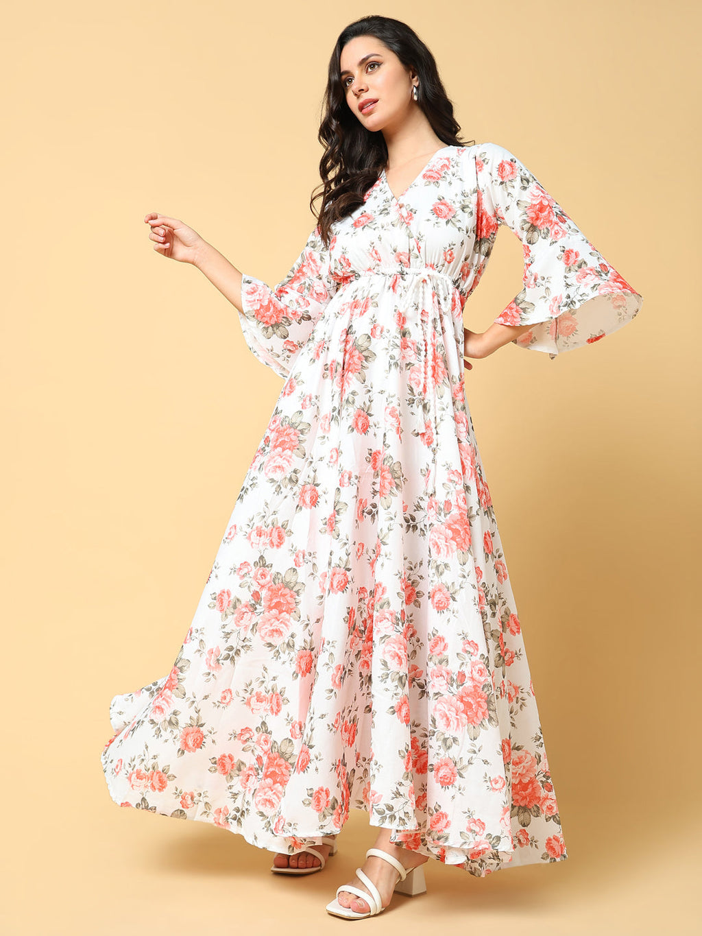 Women's Orange Floral Printed Bell Sleeves Fit and Flare Maxi Dress
