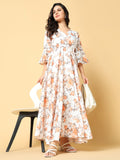 Women's Orange Floral Print Bell Sleeve Fit & Flare Maxi Dress
