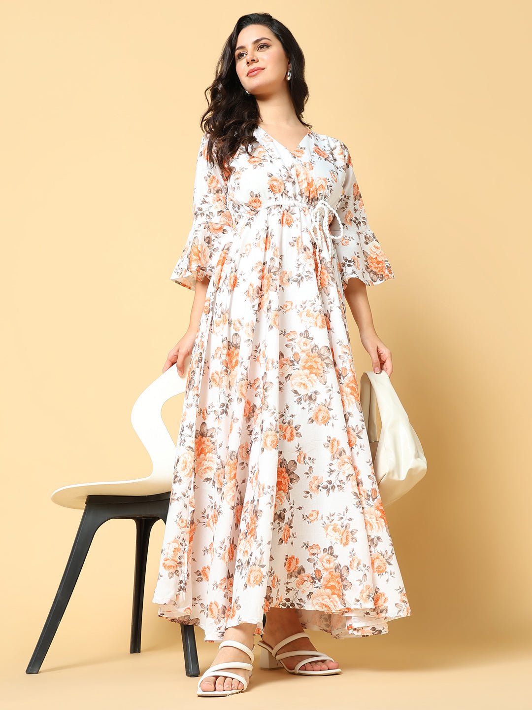 Women's Orange Floral Print Bell Sleeve Fit & Flare Maxi Dress