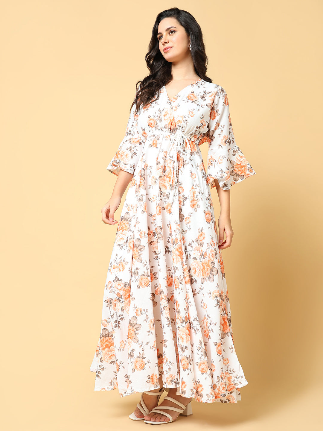 Women's Orange Floral Print Bell Sleeve Fit & Flare Maxi Dress