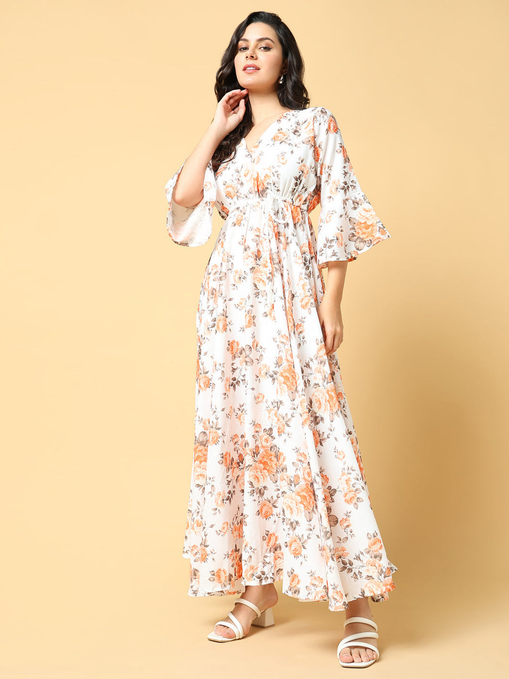 Women's Orange Floral Print Bell Sleeve Fit & Flare Maxi Dress
