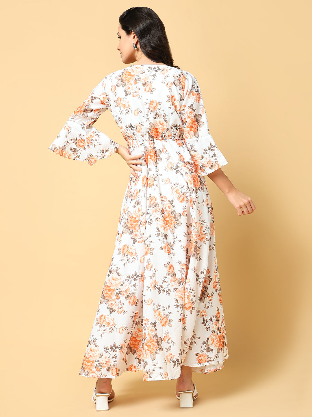 Women's Orange Floral Print Bell Sleeve Fit & Flare Maxi Dress