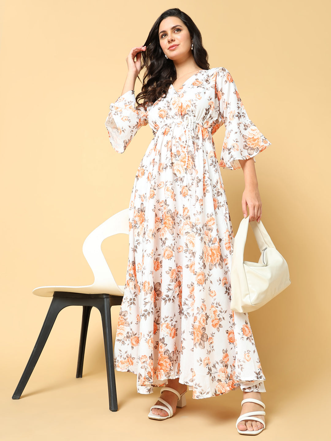 Women's Orange Floral Print Bell Sleeve Fit & Flare Maxi Dress